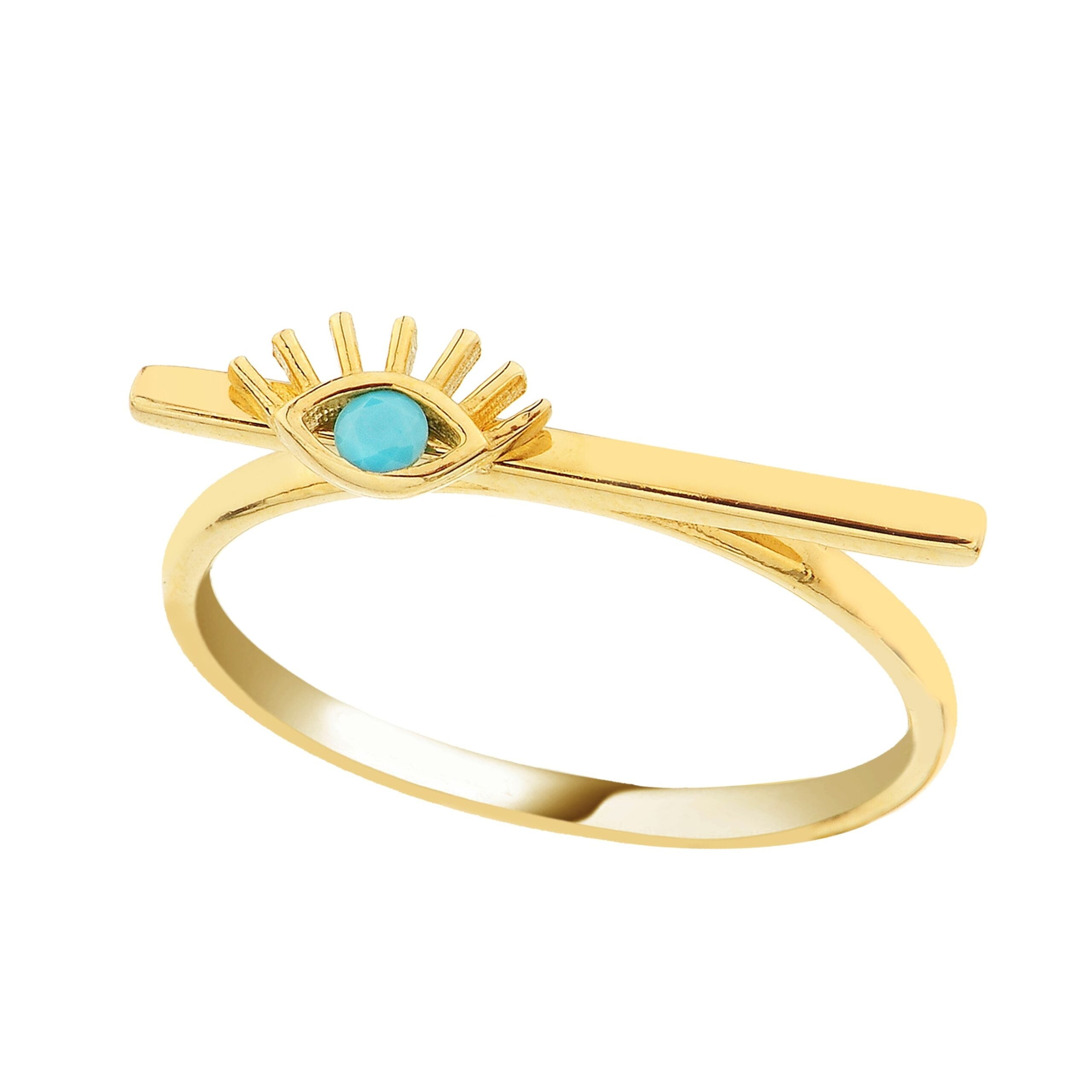 14K Real Solid Gold Eyelash Turquoise Stone on Long Bar Ring for Women | December Birthstone Ring jewelry handmade birthday gift mother's day christmas xmas elegant dainty girl girlfriend
